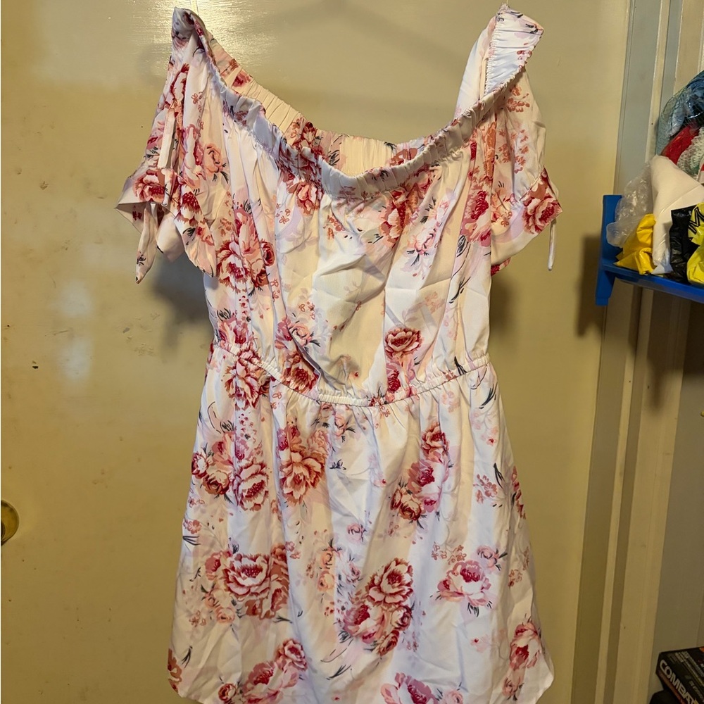 White Floral Off-Shoulder Dress with Pink Roses